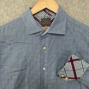 Thomas Dean Dress Shirt Men's XL Blue Houndstooth Flip Cuff Button Shirt